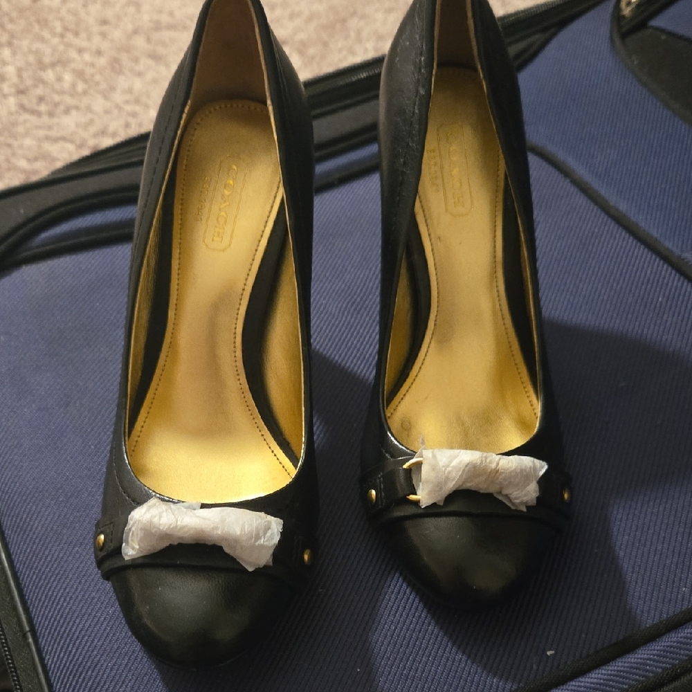 Coach Black Leather Desaree Heels with Gold Accents